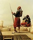 Tower Canvas Paintings - A Nubian and an Egyptian Guard in a Lookout Tower